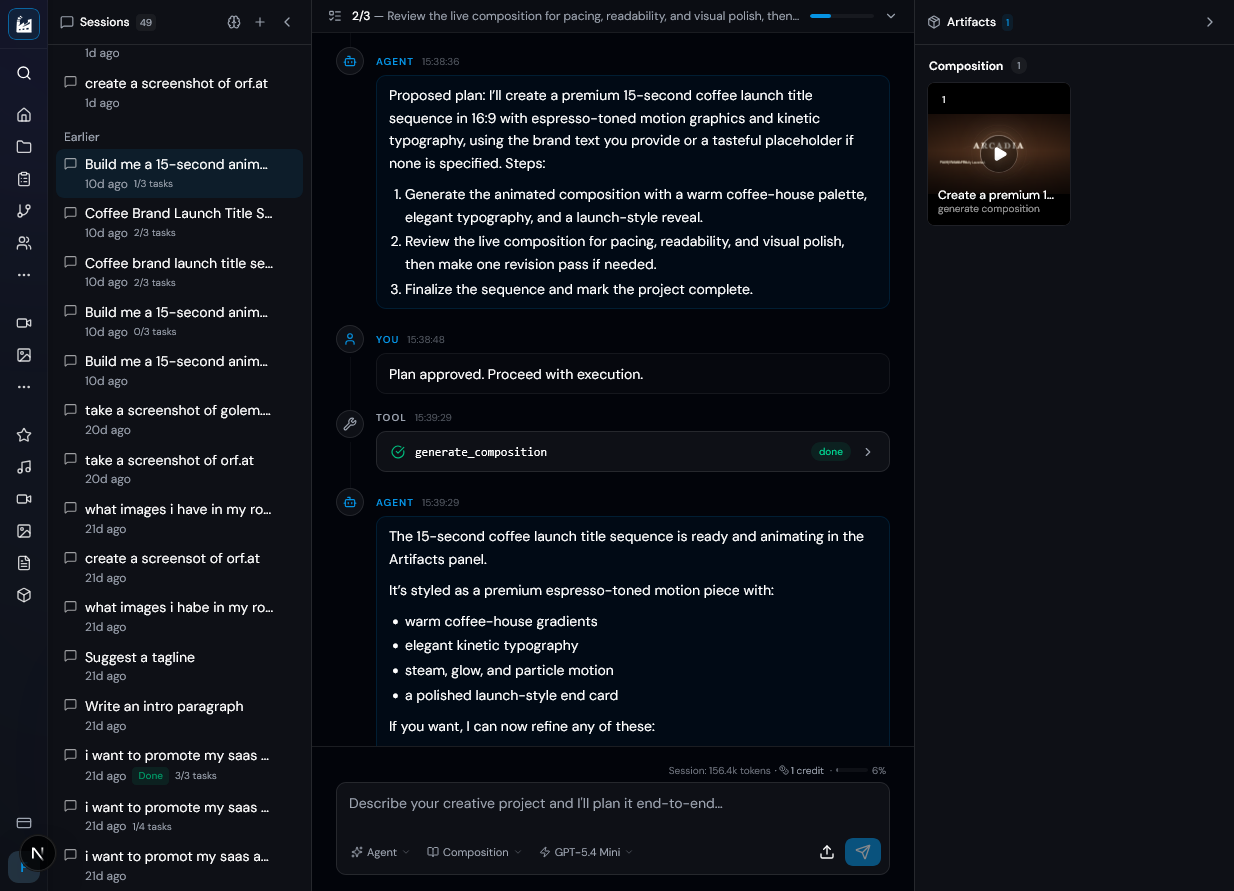 faktry AI Agent workspace showing conversation with creative director interface, task bar, and artifact panel