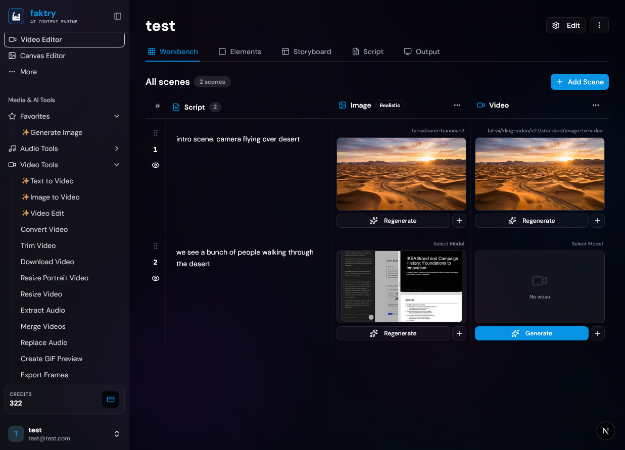 faktry AI video editor interface with storyboard and scene workbench