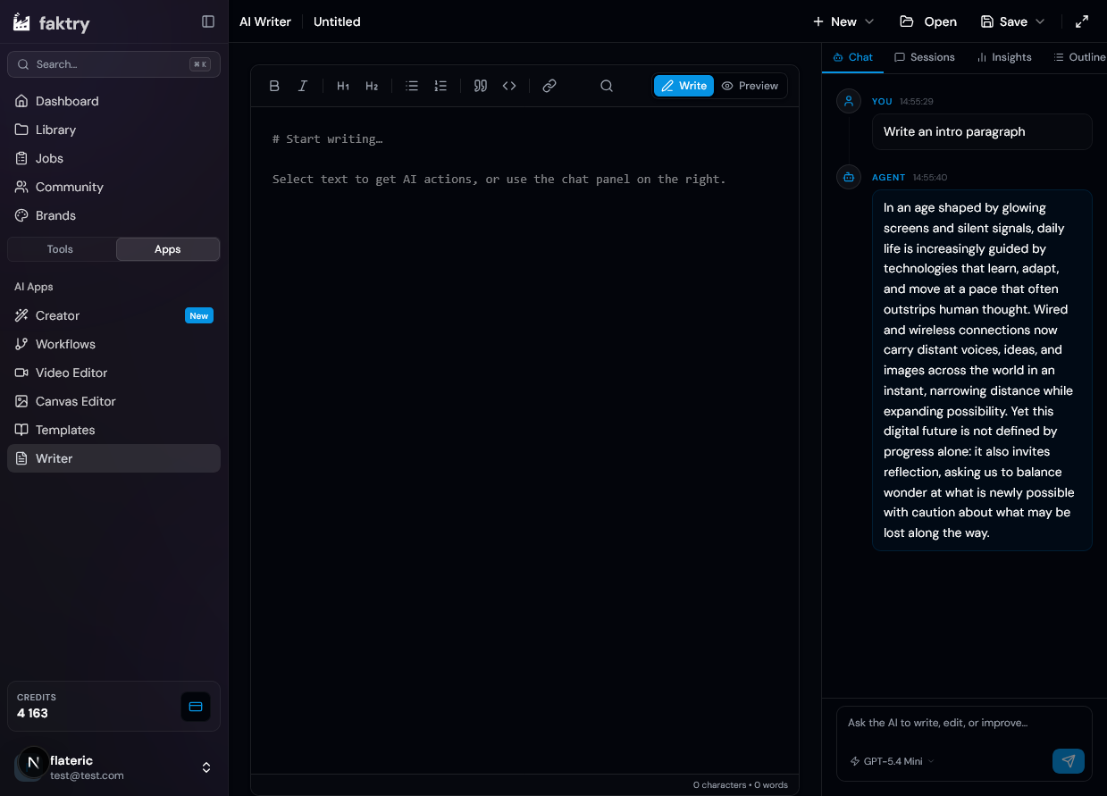 faktry AI writer interface with text editor and content generation tools